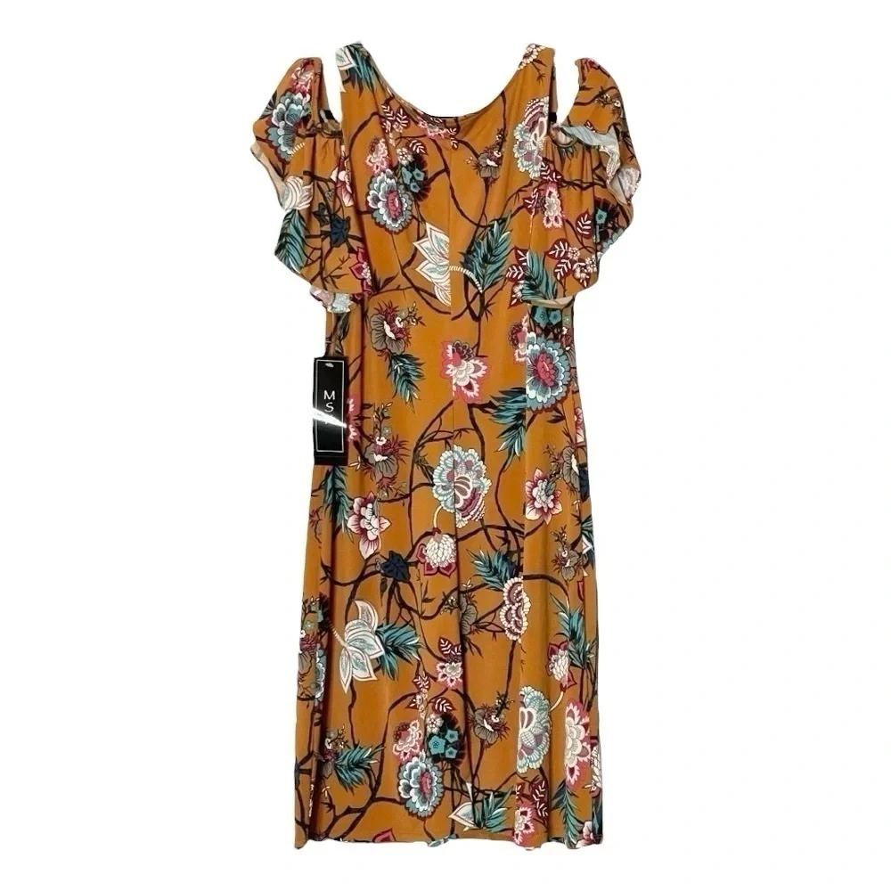 MSK Burnt Orange Floral Print Textured Cold Shoulder Mini Dress Size S NWT